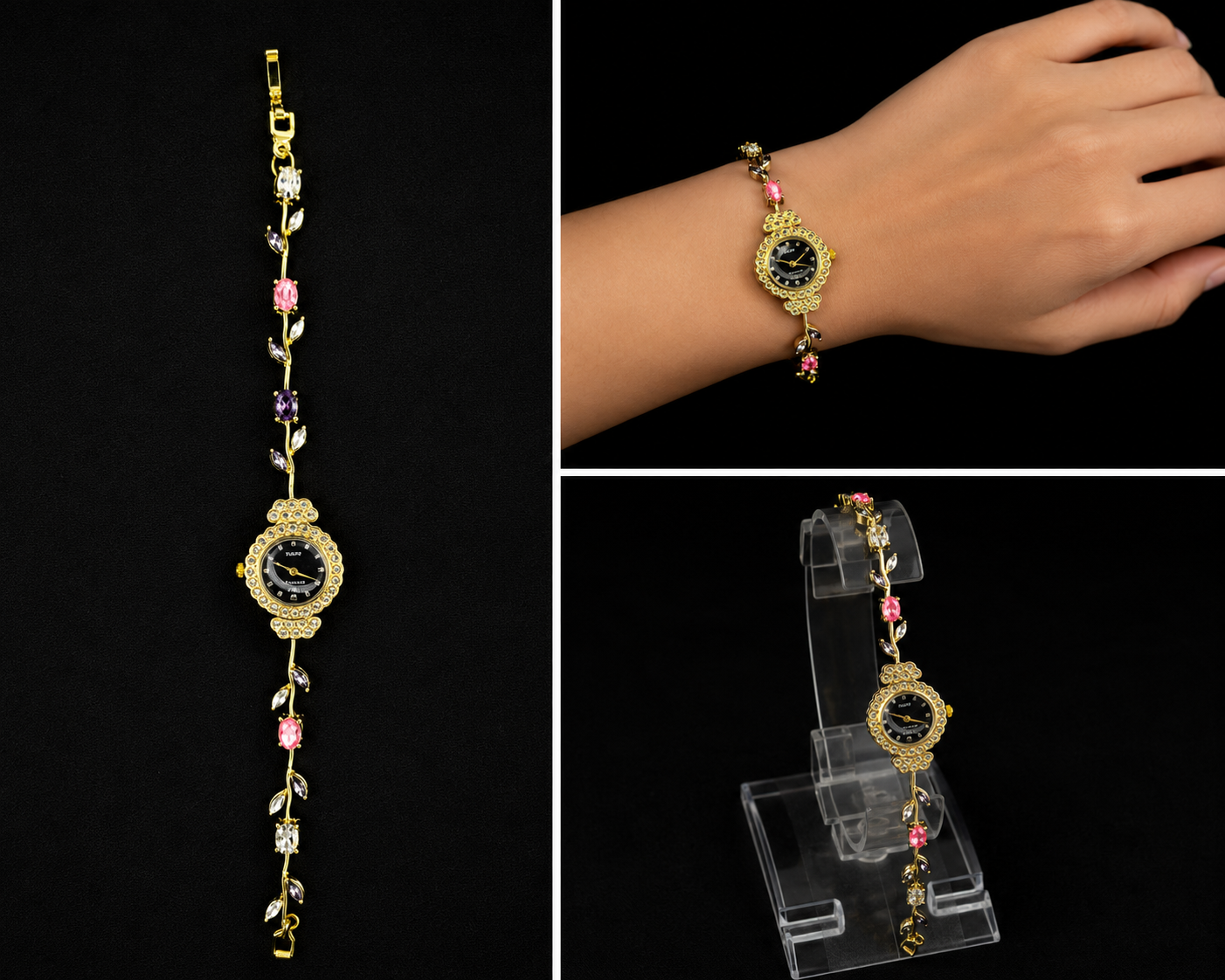 Gold Multi-Gem Floral Tulip Bracelet Watch