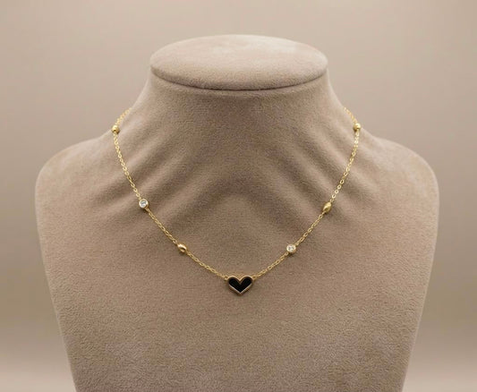 Black Heart Pendant Gold Necklace with Zircon Accents (stainless steel)