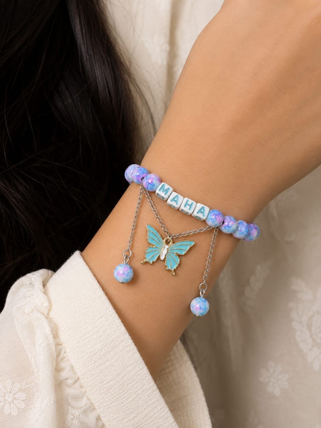 Name Customized Butterfly Charm Beads Bracelet