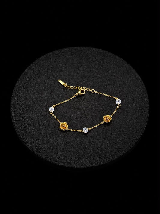 Gold Plated Rose & Bead Bracelet (stainless steel)