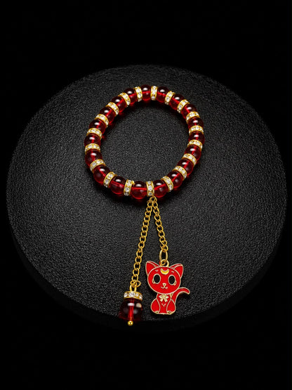 Lucky Red Cat Charm Beaded Bracelet