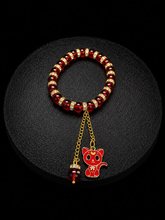 Lucky Red Cat Charm Beaded Bracelet