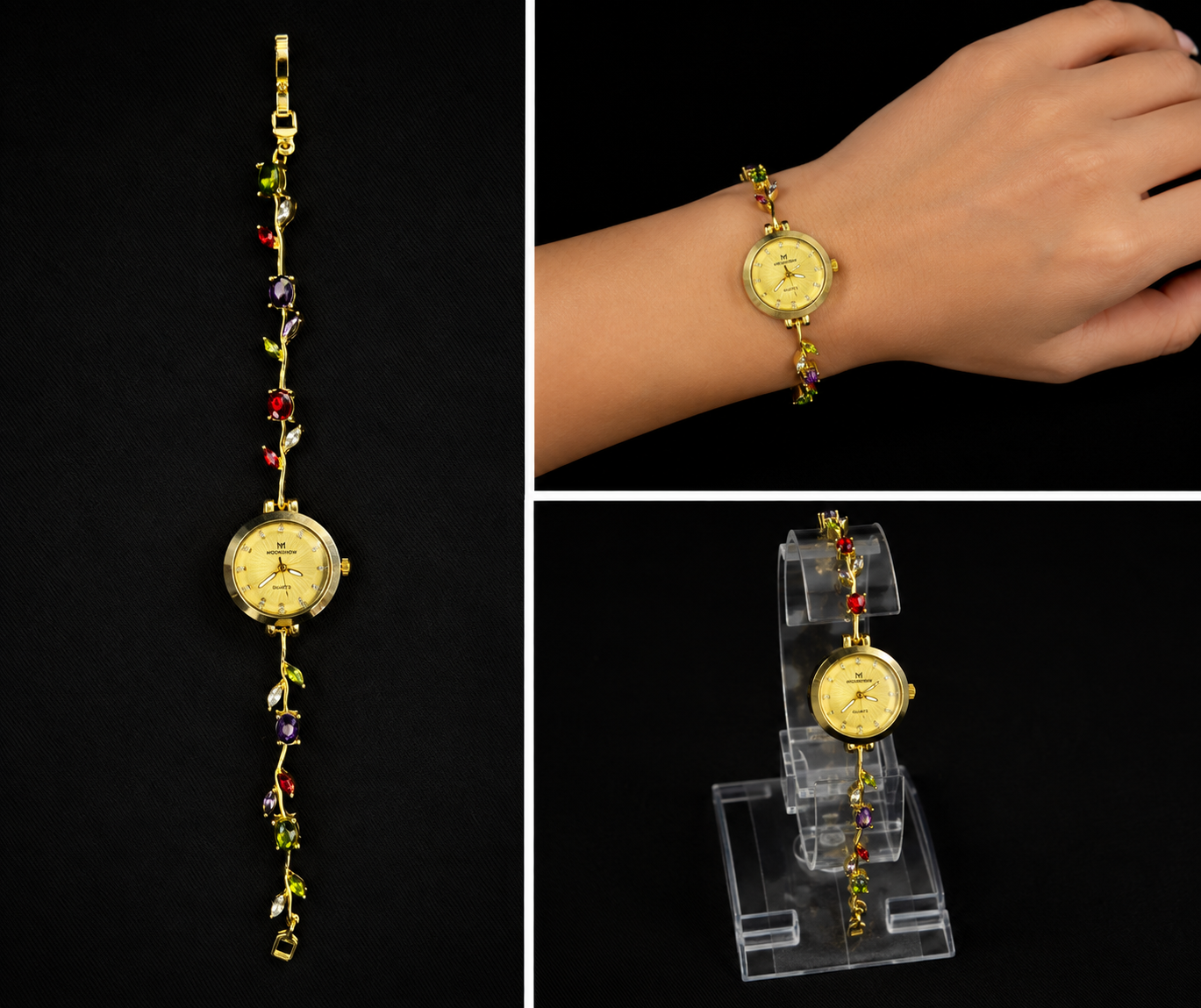Gold Floral Vine Tulip Bracelet Watch with Multicolor Crystals
