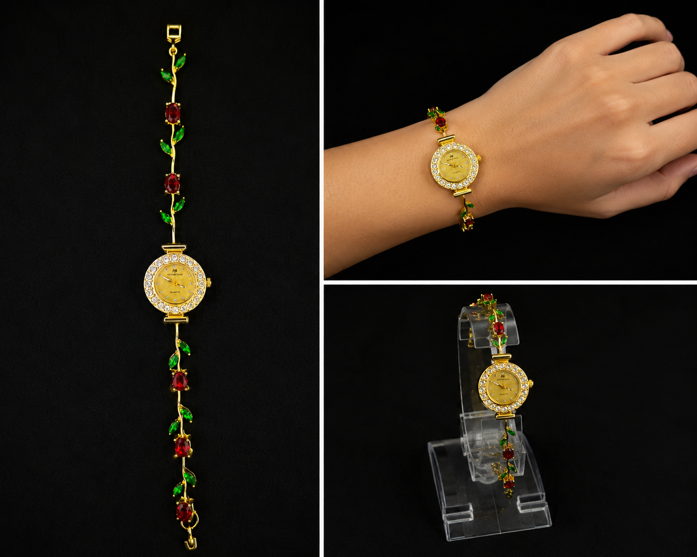 Gold Red Rose Floral Tulip Bracelet Watch