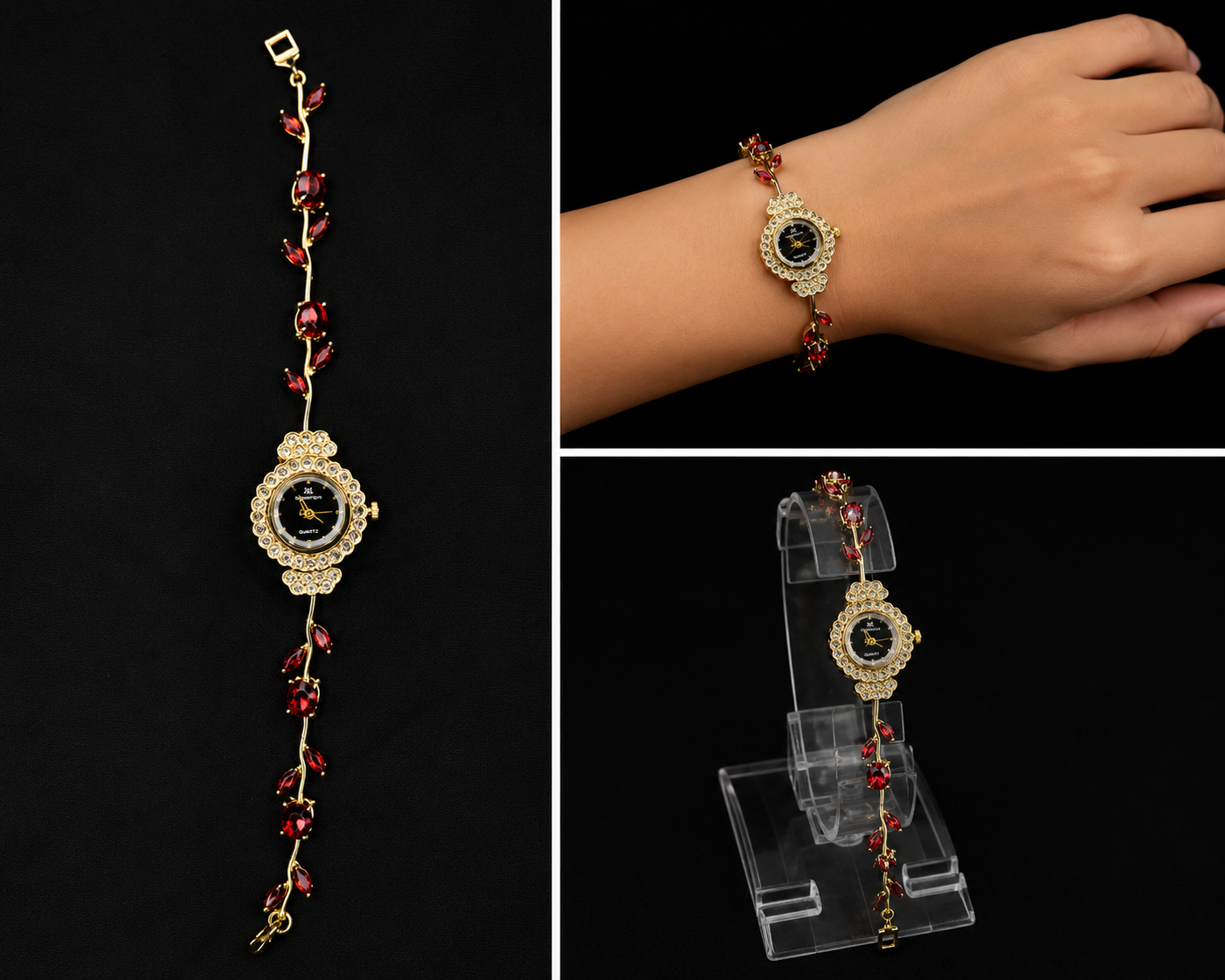 Gold Red Crystal Floral Tulip Bracelet Watch with Black Dial