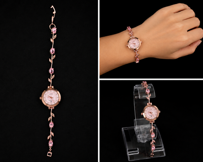 Rose Gold Pink Crystal Vine Tulip Bracelet Watch