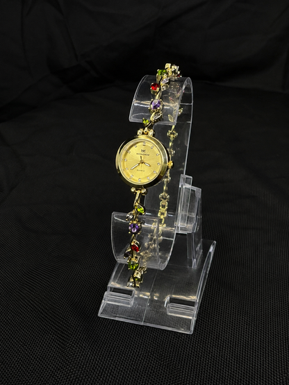 Gold Floral Vine Tulip Bracelet Watch with Multicolor Crystals