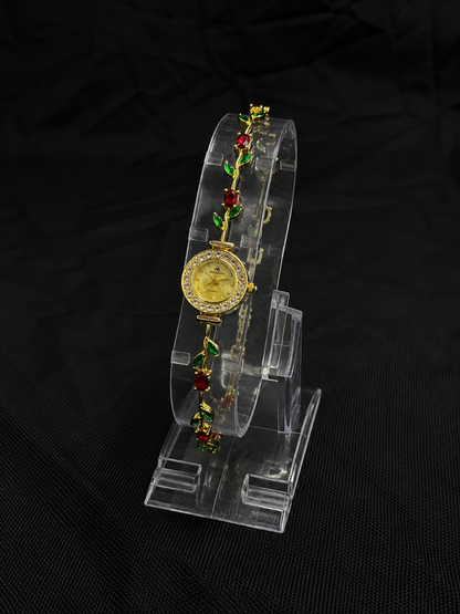 Gold Red Rose Floral Tulip Bracelet Watch