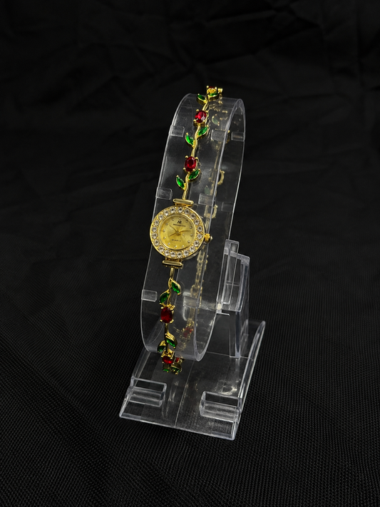 Gold Red Rose Floral Tulip Bracelet Watch