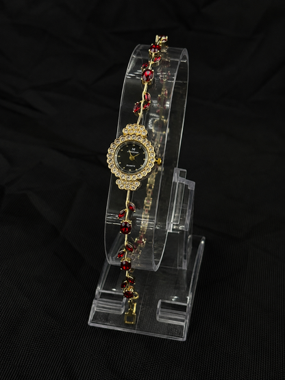 Gold Red Crystal Floral Tulip Bracelet Watch with Black Dial