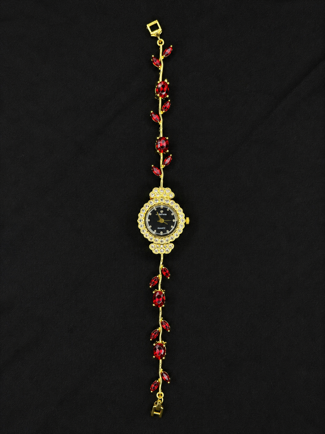 Gold Red Crystal Floral Tulip Bracelet Watch with Black Dial