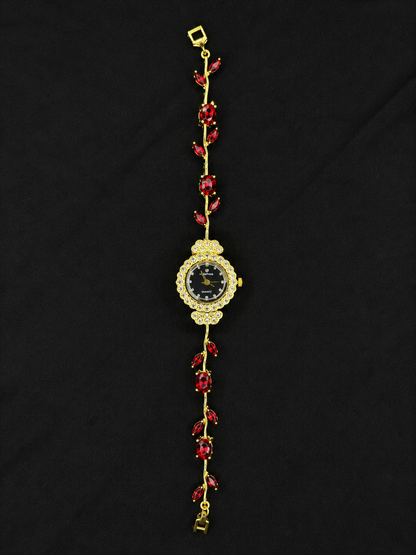 Gold Red Crystal Floral Tulip Bracelet Watch with Black Dial