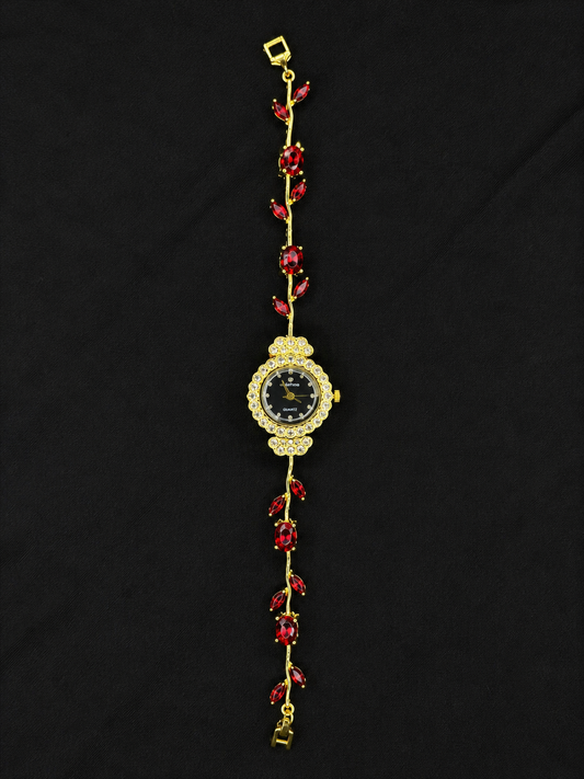 Gold Red Crystal Floral Tulip Bracelet Watch with Black Dial