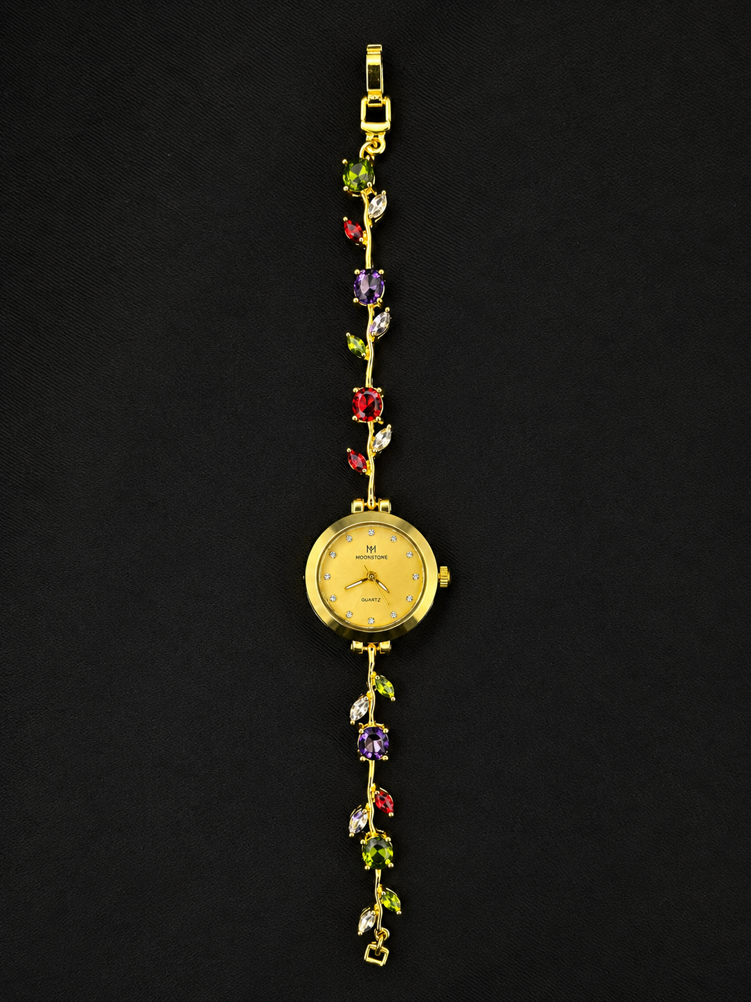 Gold Floral Vine Tulip Bracelet Watch with Multicolor Crystals