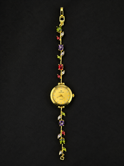 Gold Floral Vine Tulip Bracelet Watch with Multicolor Crystals