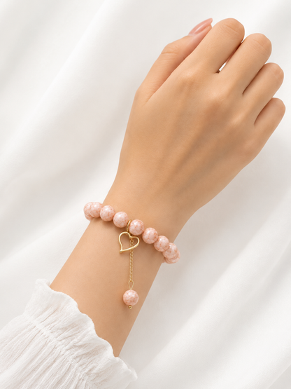 Peach Heart Charm Beaded Bracelet