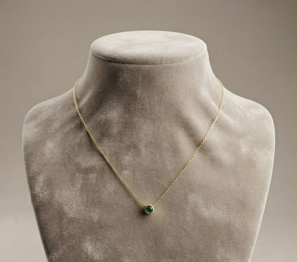 Round Green Emerald Stone Gold Pendant Necklace (stainless steel)