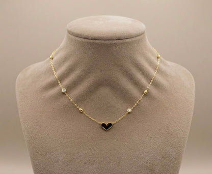 Black Heart Pendant Gold Necklace with Zircon Accents (stainless steel)