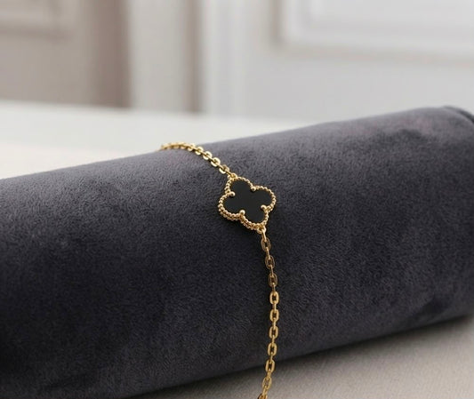Leaf Clover Black Enamel Gold Chain Bracelet (stainless steel)