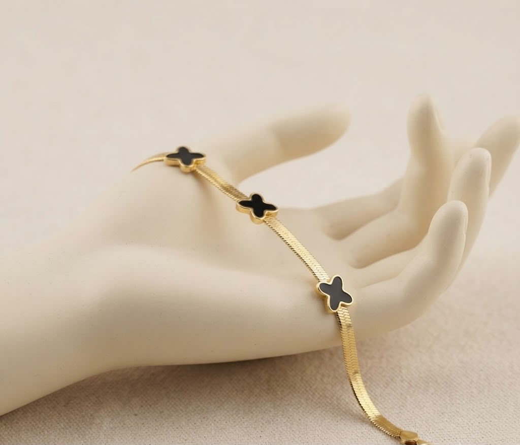 Flat Herringbone Gold Chain Bracelet with Black Butterfly (stainless steel)