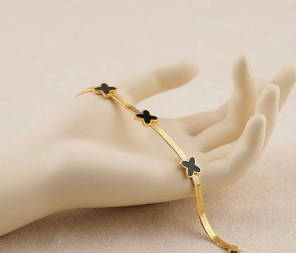 Flat Herringbone Gold Chain Bracelet with Black Butterfly (stainless steel)