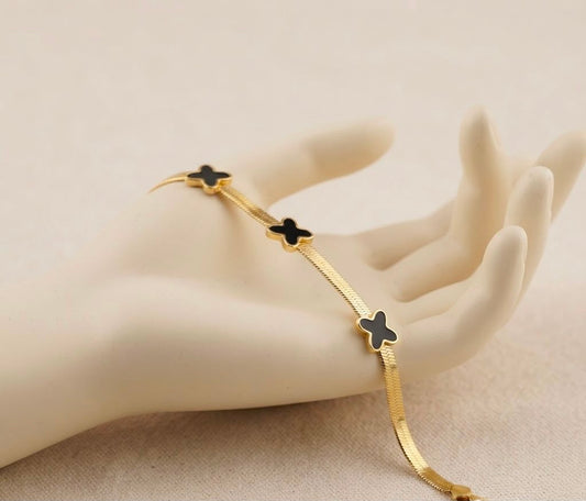 Flat Herringbone Gold Chain Bracelet with Black Butterfly (stainless steel)