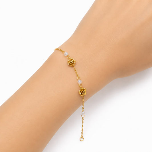 Gold Plated Rose & Bead Bracelet (stainless steel)