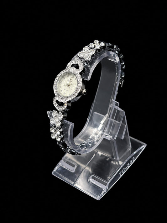 Silver Heart & Floral Crystal  Watch