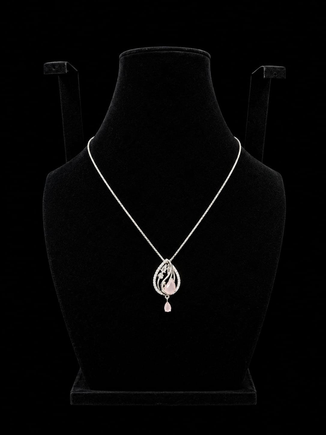 Silver Pink Crystal Teardrop Necklace
