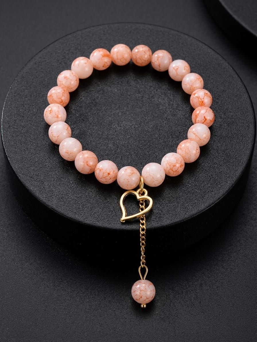 Peach Heart Charm Beaded Bracelet